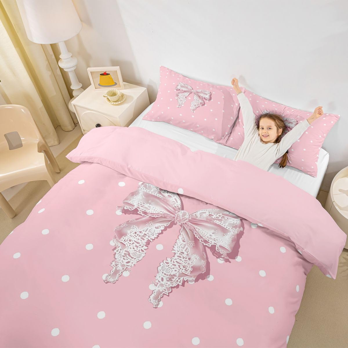 Homewish Y2K koronkowa kokarda podwójna pościel urocza kokarda poszewka na kołdrę zestaw preppy kropki poszewka na kołdrę słodka marzycielska księżniczka estetyczne zestawy łóżek