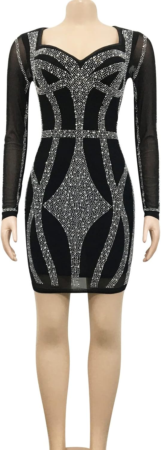 Sexy Rhinestone Crystal Mesh Patchwork Sheer Bodycon Dress Womens See-Through Birthday Clubwear Dresses - Image 3