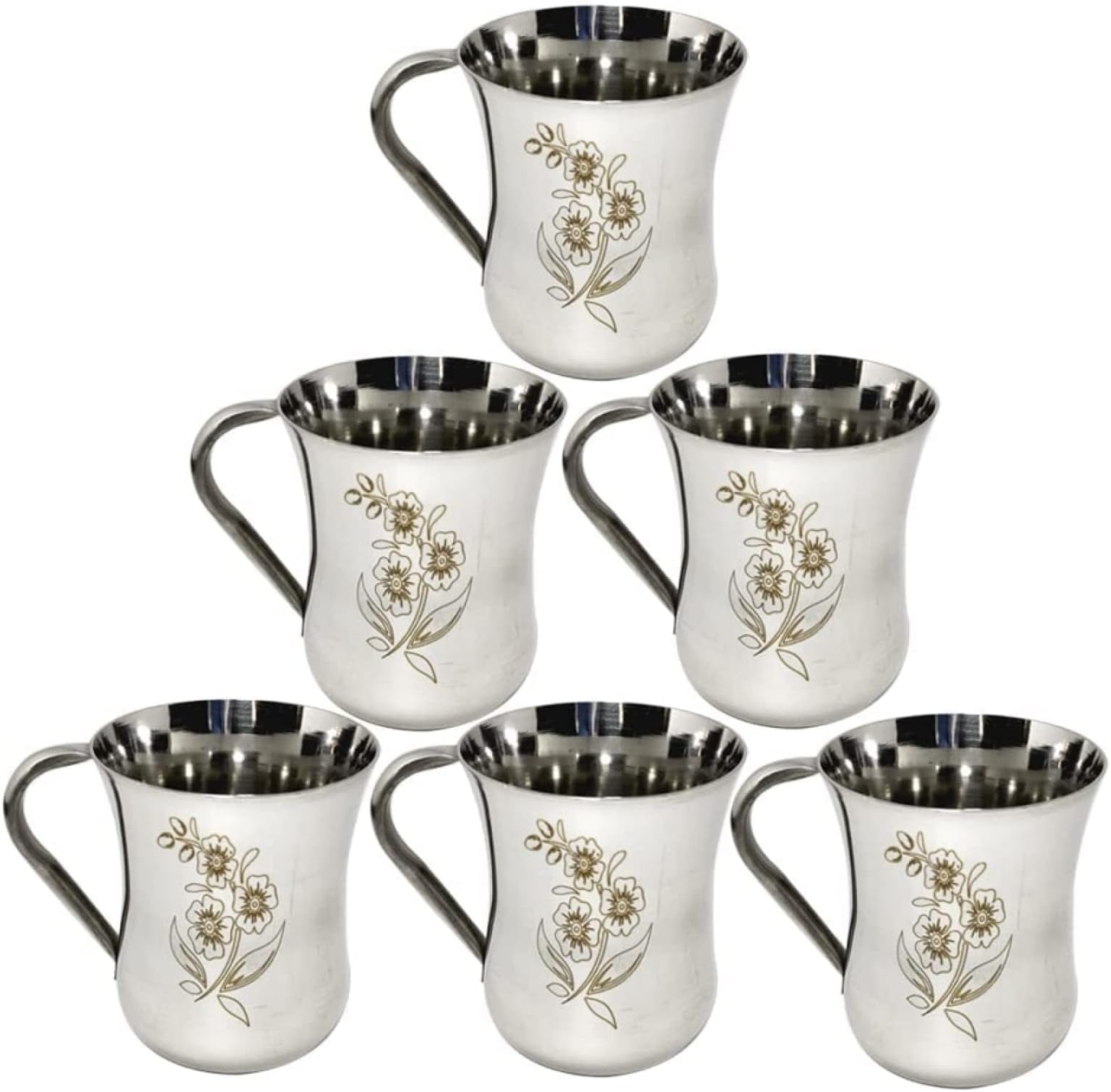 KC Stainless Steel Tea/Coffee Cup Set of 6 (Laser Finished,200 ML, Damru Shape)