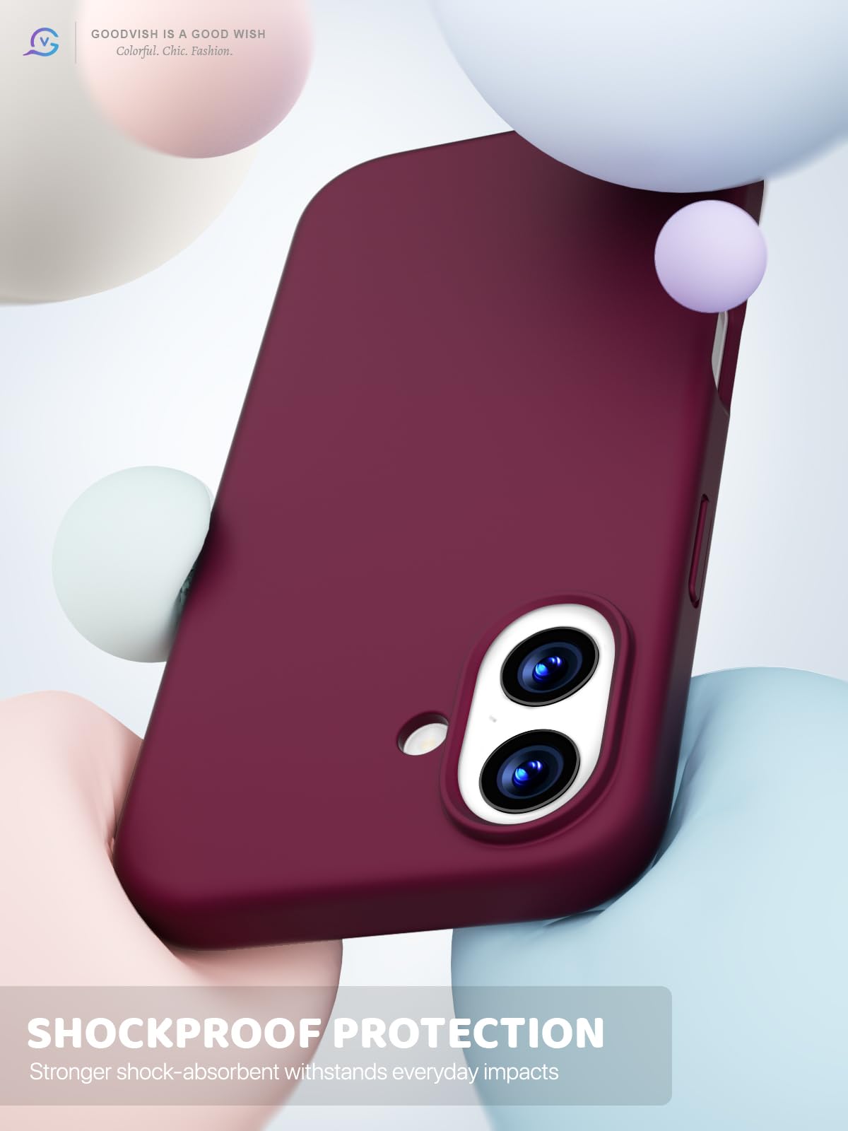 GOODVISH 3 in 1 Silicone Cover per iPhone 17 6.3", Custodia con 2 Pellicola Vetro Temperato [Protezione Fotocamera] 360° Protezione Anticaduta Case per Cellulare Antiurto Resistente, Vino Rosso