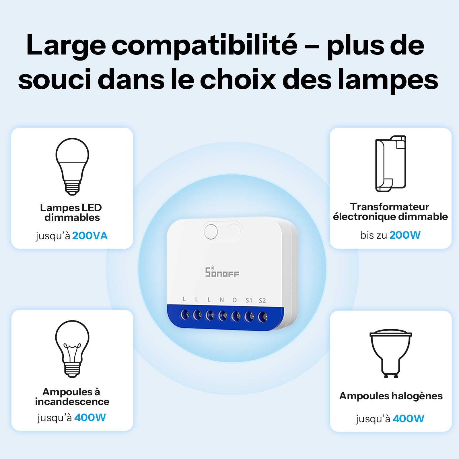 SONOFF Variateur WiFi Mini DIM pour LED à intensité variable, transformateurs électroniques, lampes halogènes à incandescence, conducteur neutre nécessaire, mesure de la puissance, mat compatible avec