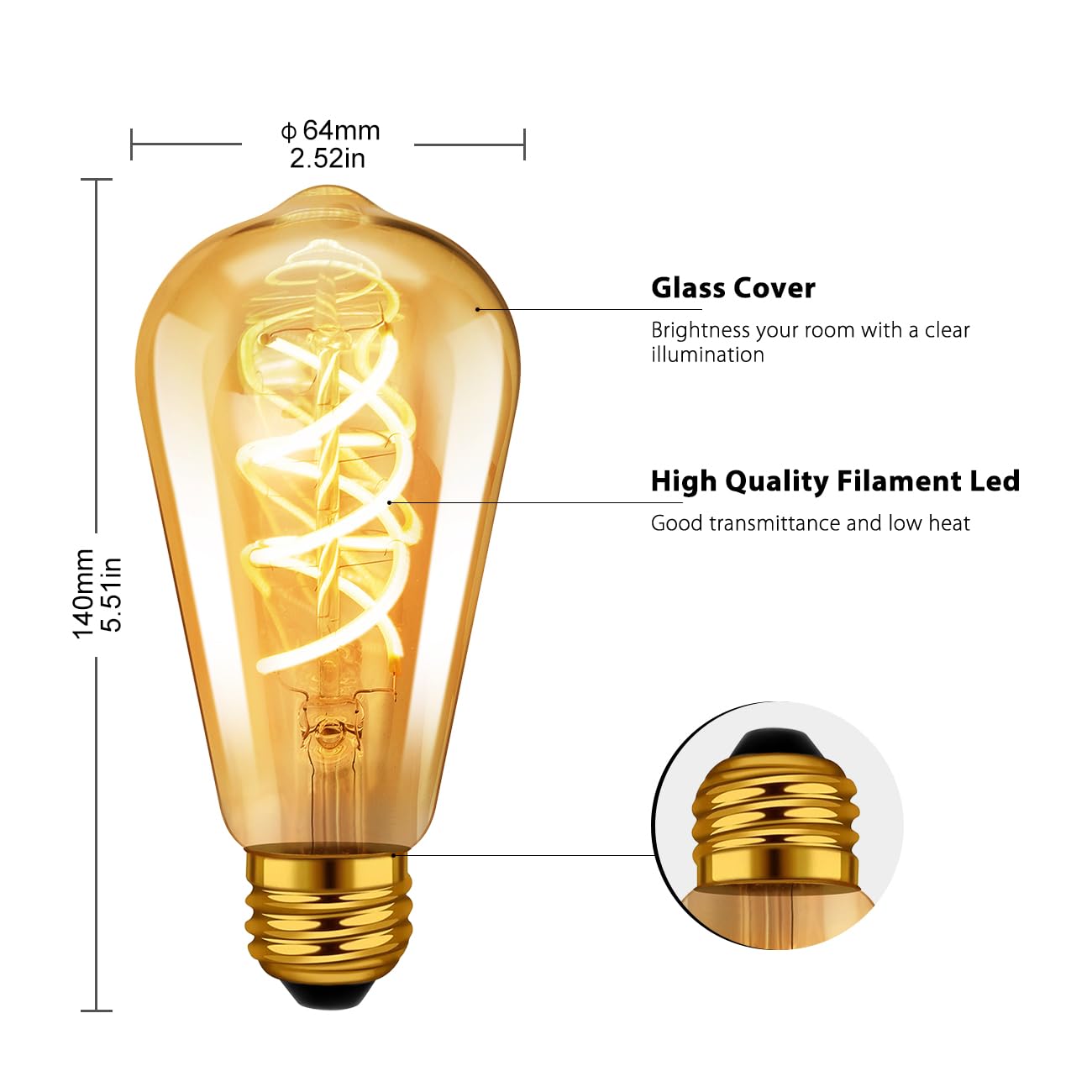 LVWIT Lampadine Filamento LED Spirale Flessibile, Vetro Ambrato, Forma ST64 Edison Vintage, Attacco E27, 4.9W Equivalenti a 35W, 400 Lumen, Luce Bianca Calda 2200K, Non Dimmerabile – Pacco da 3 Unità
