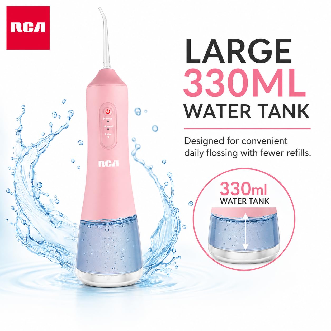 RCA Idropulsore portatile ricaricabile senza fili, filo interdentale elettrico per denti con ugello rotante a 360°, 3 modalità di pressione, serbatoio dell'acqua da 330 ml, filo interdentale