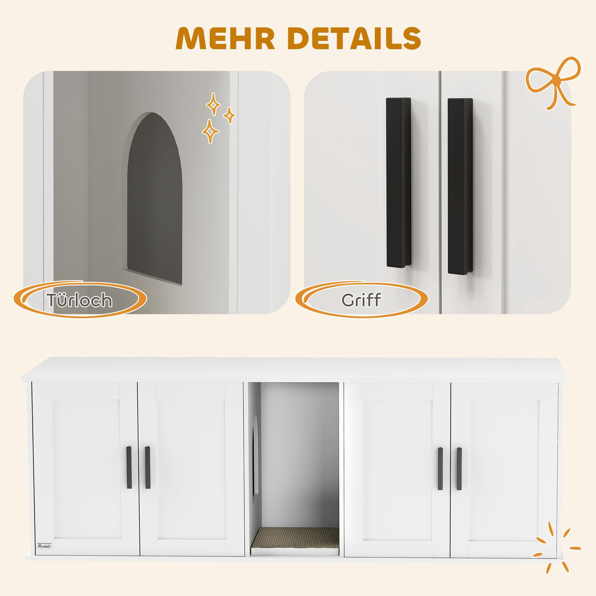 PawHut Katzenklo-Schrank 3 in 1 für Große Katzen 145 x 49 x 51 cm Weiß | Katzenschrank, Versteckter Katzentoilette, Mit Tür Trennwand Kratzmatte, Katzenhaus, Unter 10 kg