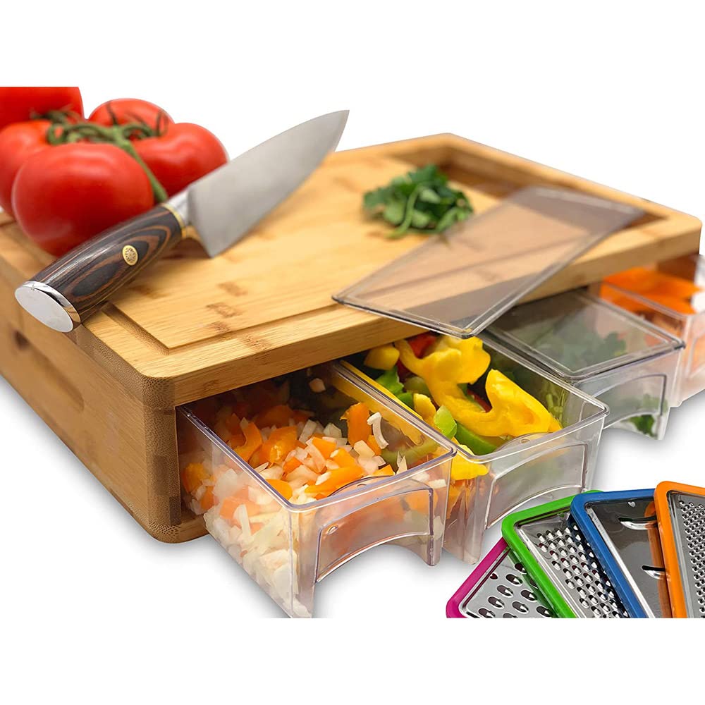 MAK22 Bamboo Cutting Board with Containers, Lids, and Graters, Stackable Trays