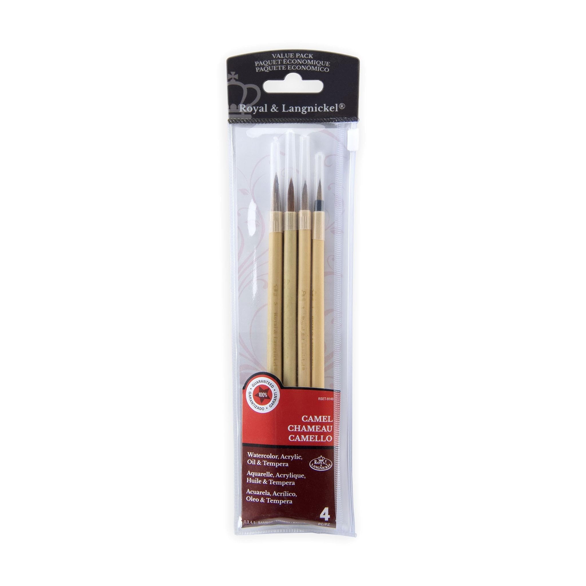 Royal & Langnickel RSET-9149 Royal Zip N' Close Brown Bamboo 4-Piece Brush Set, 10.5 x 2.9 x 0.5