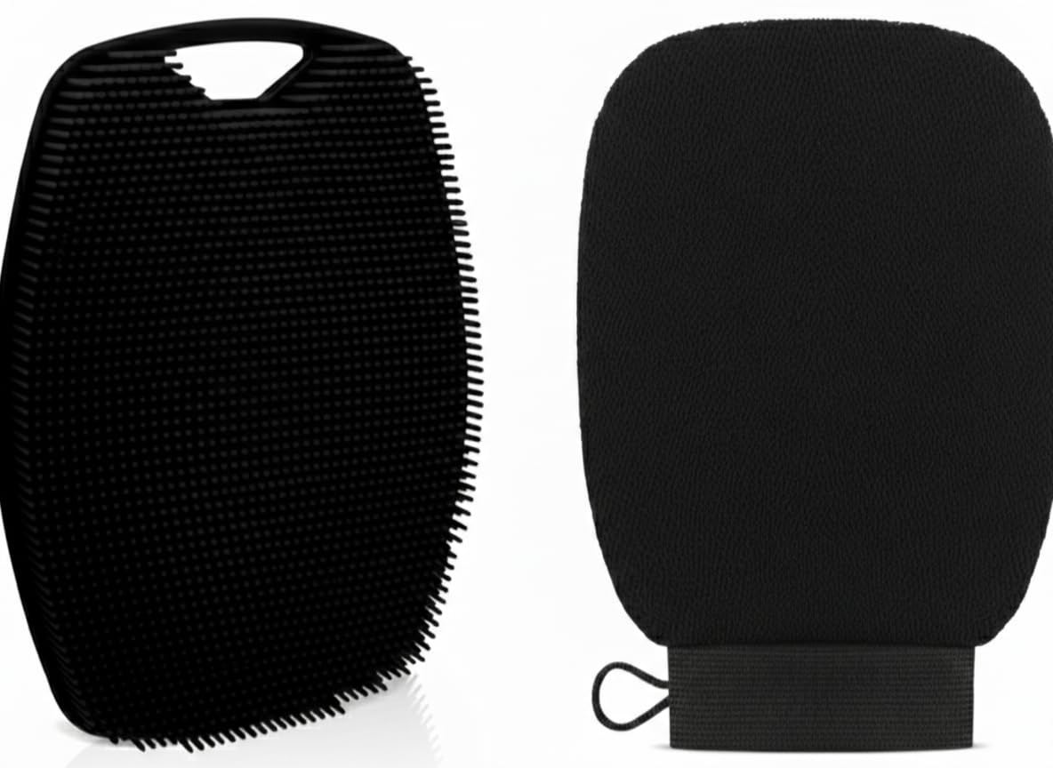 High-Density Exfoliating Glove and Thick Silicone Body Brush Combo for Men & Women - Deep Scrubbing Bath Mitt & Single-Sided Silicone Scrubber for Glowing Skin, Body Acne & Tan Removal (Black)-image-27