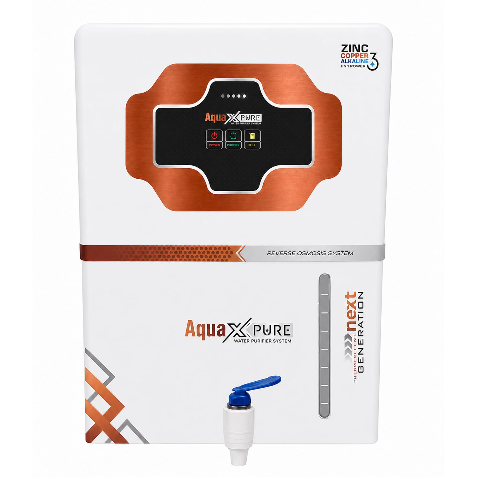 aqua x pure white series ro water purifier | ro+uv+uf advanced filtration | smart led indicator | copper & zinc health guard | tds adjuster | 20 lph | 12l tank | 1-year warranty*.