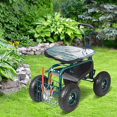 VEVOR Garden Cart Rolling Workseat with Wheels, Gardening Stool for Planting, 360 Degree Swivel Seat, Wagon Scooter with Steering Handle & Utility Tool Tray, Use for Patio, Yard, and Outdoors, Green - Image 3