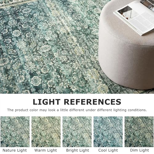 2x6 Green Blue Washable Runner Rug for Hallways, Soft Classic Kitchen Rugs with Non-Slip, Non-Shedding Distressed Floral Carpet for Entryway Bedroom Bathroom Laundry Indoor