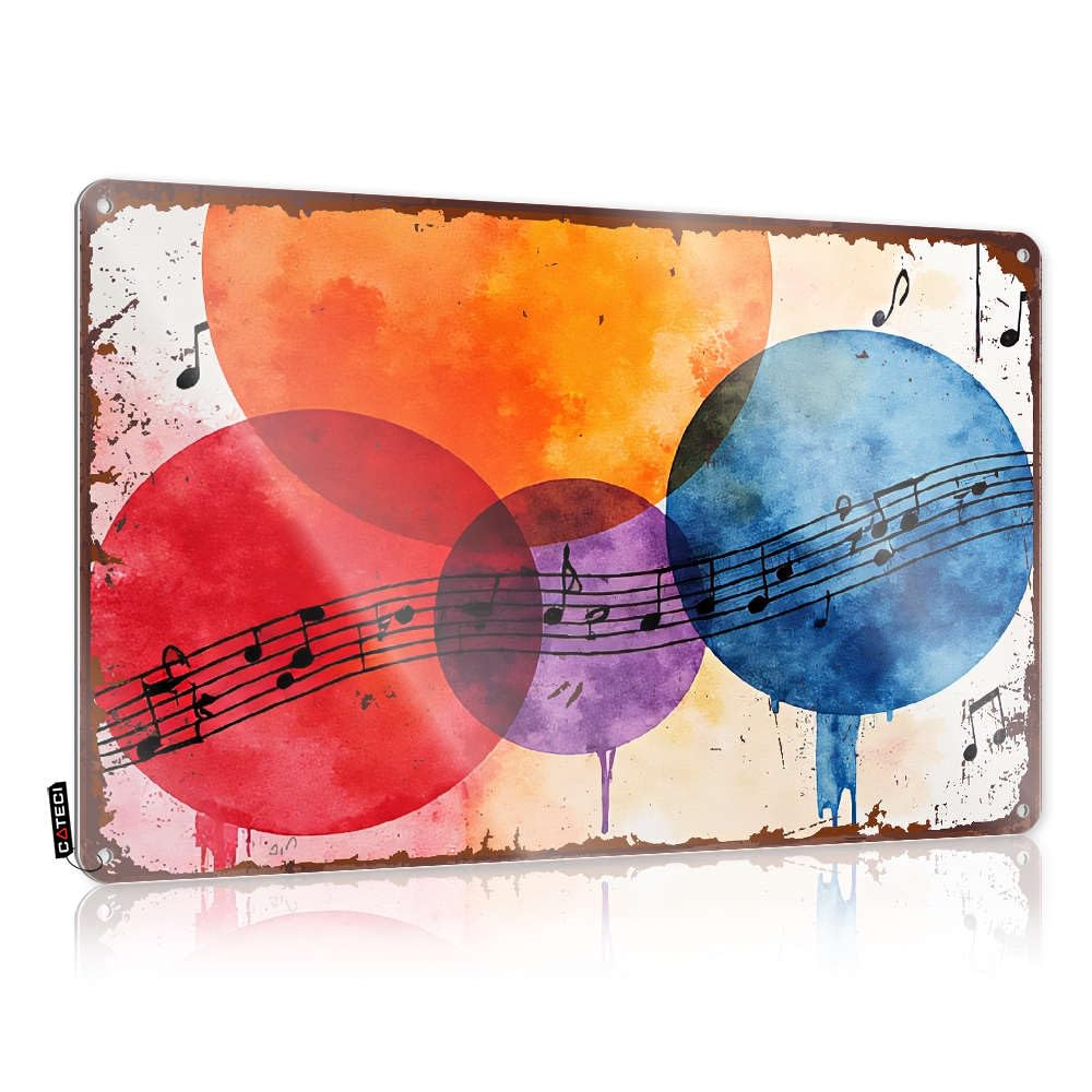 Funny Decor For Bar Sign Handmade Highland Welcome Bell Flat Print Tin Art : Spooky & Western Living Room Wall - Music Notes On Colorful Overlapping Circles.