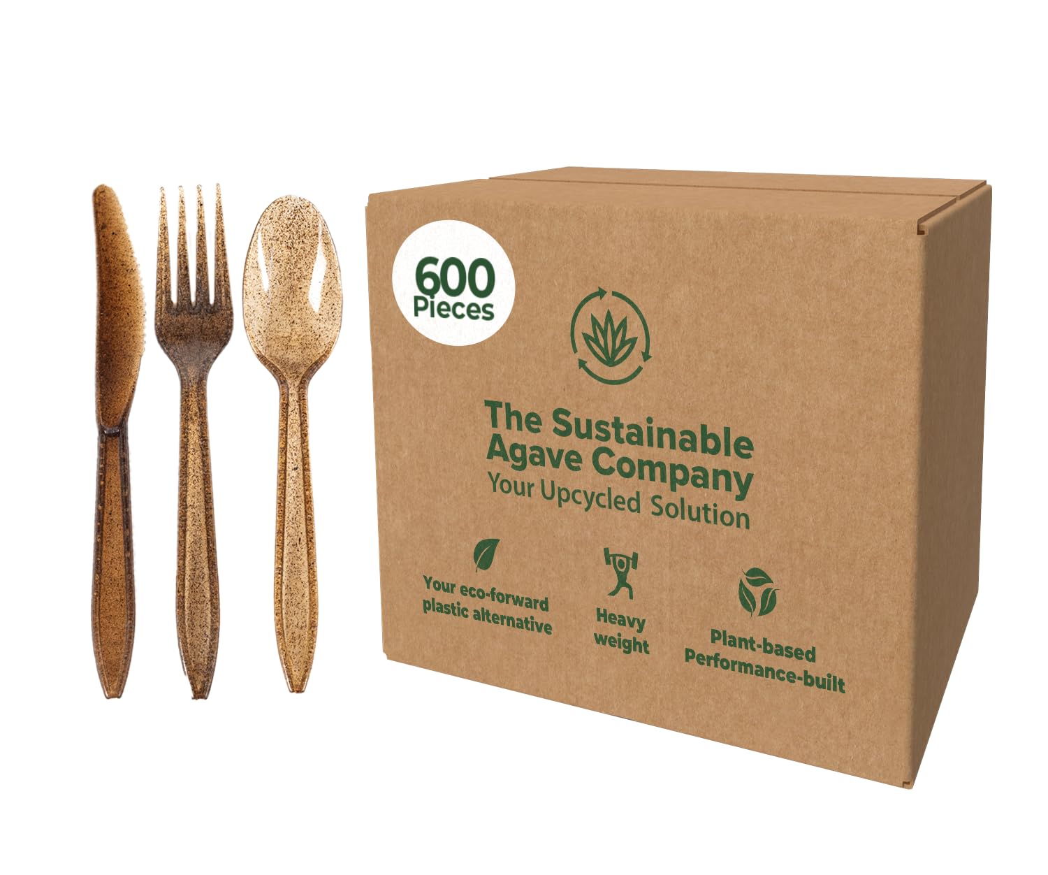 Sustainable Agave Co - Juego de cubiertos de fibra de agave - 200 juegos - Biodegradable, a base de plantas, hechos con materiales reciclados - Tenedores, cuchillos y cucharas marrones a granel
