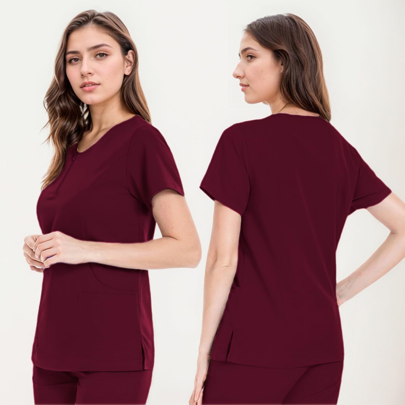 Conjunto de uniformes médicos de enfermera con cuello redondo y 4 bolsillos, pantalón ajustado y elástico DK07