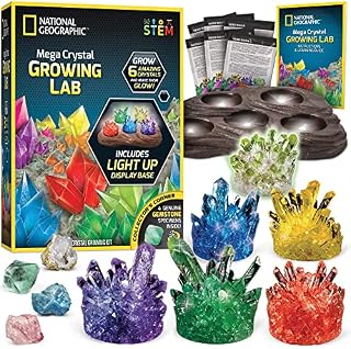 National Geographic Mega Crystal Growing Lab  Grow 6 Vibrant Crystals, Crystals Grow Fast in 3-4 Days, Includes Light-Up Display Stand, Full-Colour Learning Guide, and 4 Genuine Crystal Specimens