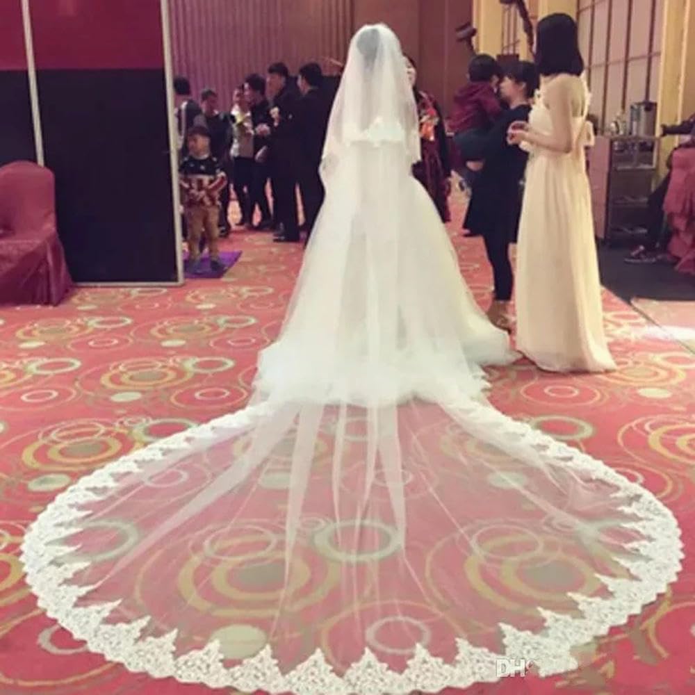 SLJYM White Ivory 3M 4M 5m Long Two Layer Wedding Veil With Comb Lace Edge Bridal Veils Appliqued Wedding Accessorie