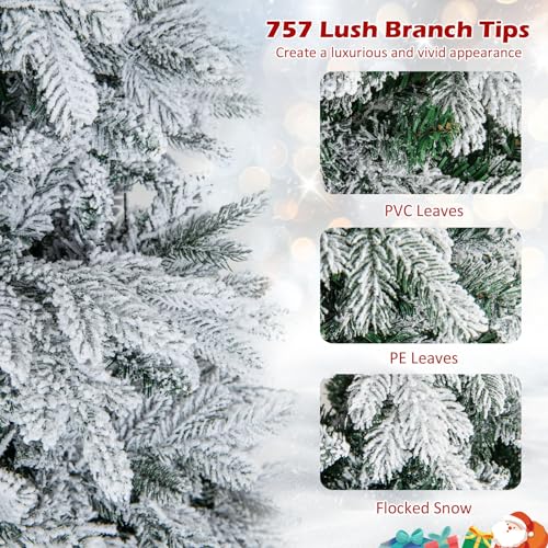Image of Goplus 4.5ft Pre-Lit Snow Flocked Christmas Tree, Artificial Hinged Xmas Tree with 757 Branch Tips, PE & PVC Mixed Leaves, 120 Warm-White LED Lights, Foldable Metal Base, for Home Office Holiday Decor