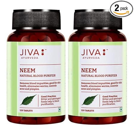 Jiva Neem Ayurvedic Tablets | Natural Blood Purifier | Skin Wellness | Controls Acne and Pimples | Veg Tablets | 100% Pure & Natural | 120 Tablet | (Pack of 2)
