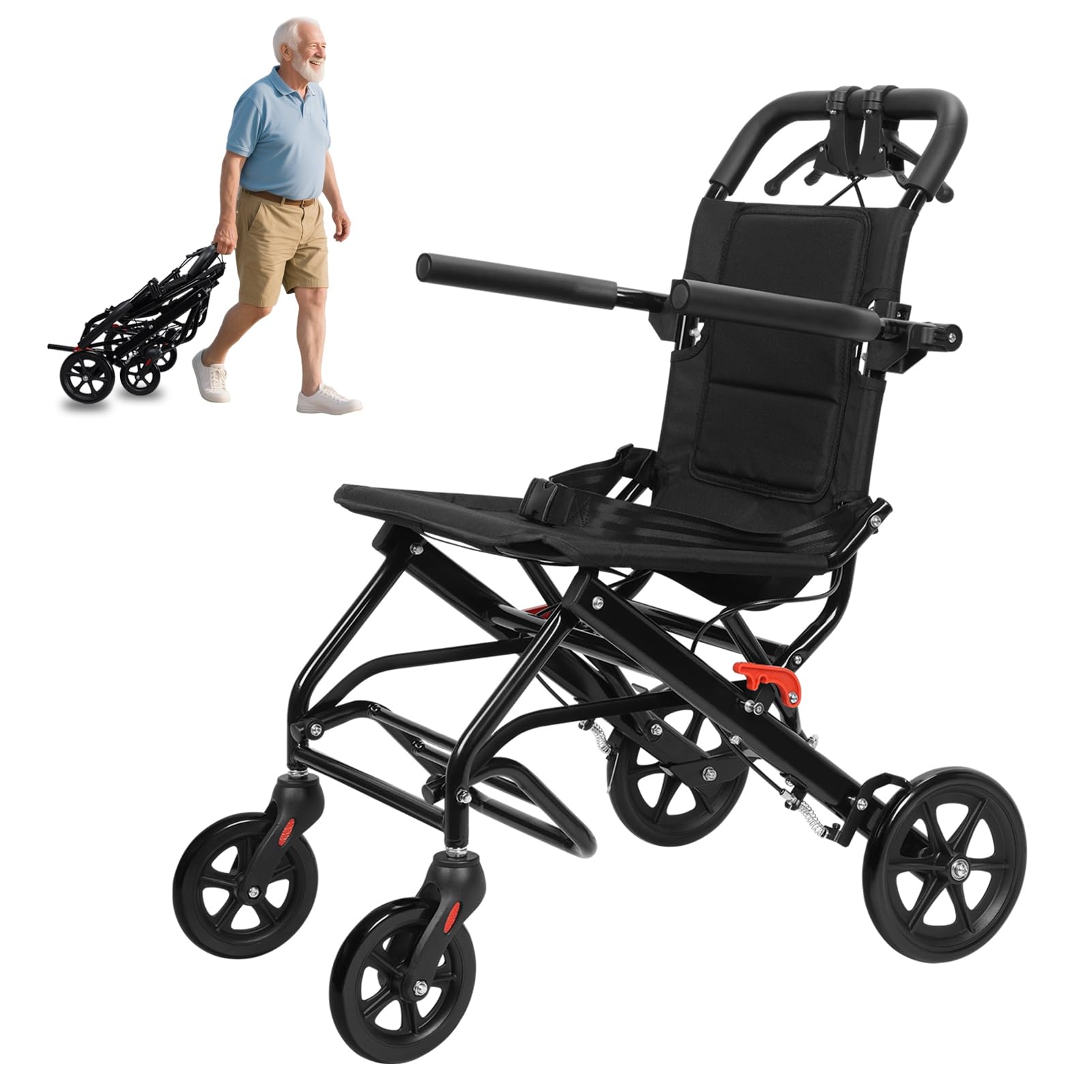 Yokawe Black Lightweight Folding Transport Wheelchair With Hand Brakes For Adults And Seniors, Ultra Lightweight Travel Chair, Narrow Doorways Travel Wheelchair, 220Lbs Capacity, Portable Hand Push Wheel Chair A