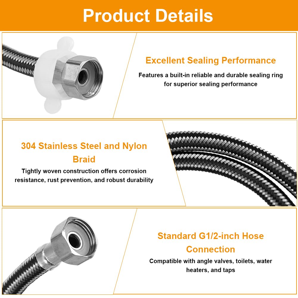 1 Pezzi Inossidabile Intrecciato Per Rubinetto G1/2, Connettore In Acciaio Inossidabile Intrecciato, G1/2-G1/2 Tubi Di Collegamento Lunghi 1.2m pour Scaldabagni, WC, Rubinetti Per Cucina E Bagno