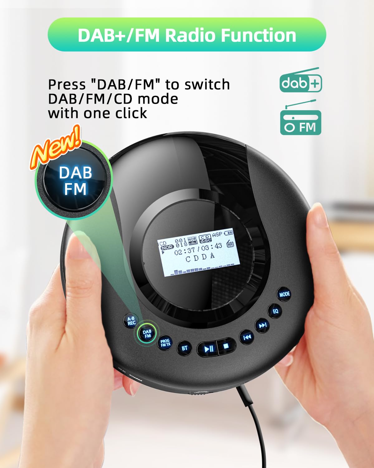 Arafuna Lecteur CD Portable - Discman - Radio Dab+/FM - CD, CD-R/RW, Lecteur CD Bluetooth avec Fonction Livre Audio - Antichoc - Batterie intégrée 2000 mAh - Noir