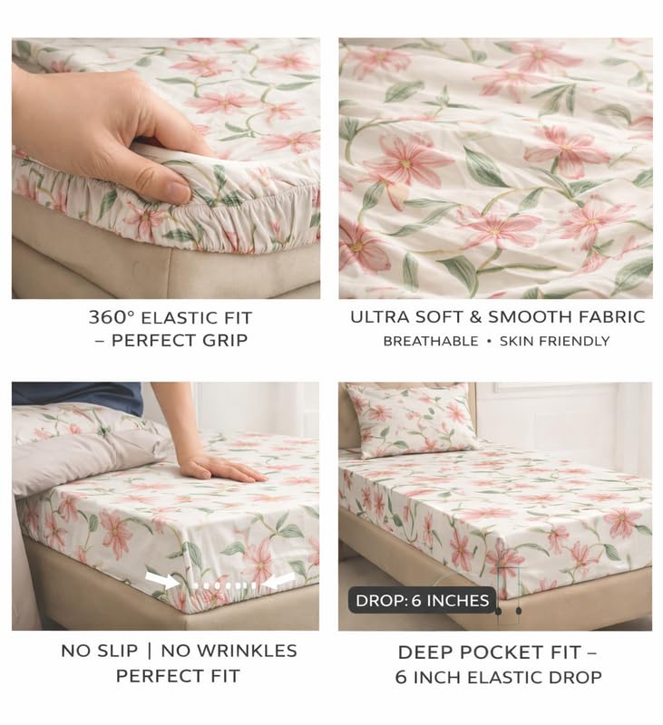 Image of Pure Cotton All Round Elastic Fitted Bedsheets with 1 Pillow Cover | Single Mattress Bed Breathable| Longlasting | Supersoft Size - 36 x 72 + 6 inches (Abstract, Color -Peach Blossom)