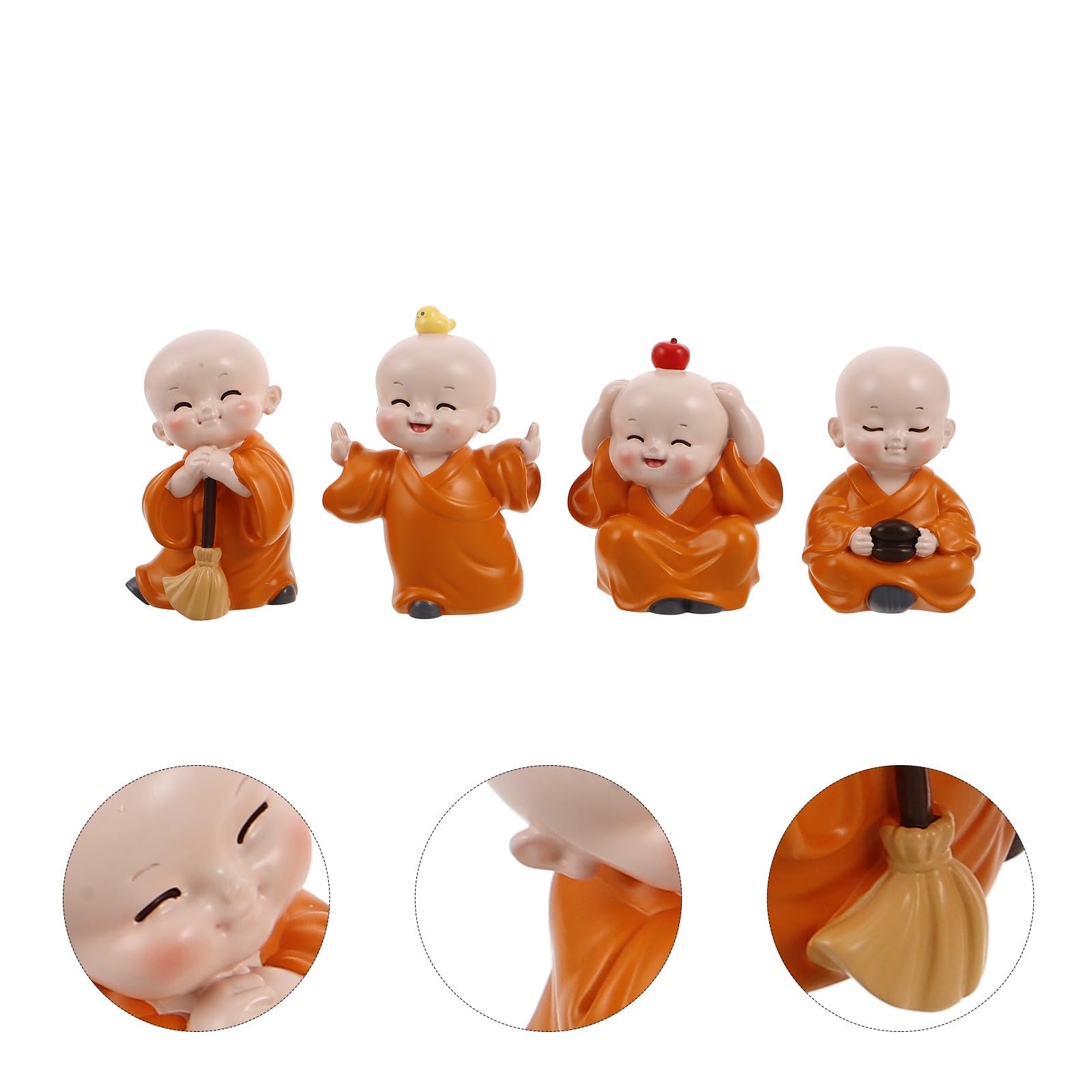 4 Piezas Mini Figuras de Monje de Resina Naranja