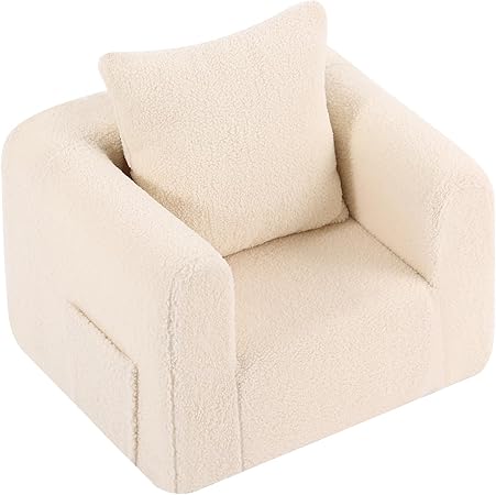 Welnow Kids Sofa with Pillow, Cozy Toddler Chair Soft Foam Seat for Reading, Children's Couch with Armrest Lightweight Comfy Kids Furniture for Bedroom, Playroom for Boys and Girls, Sherpa Beige