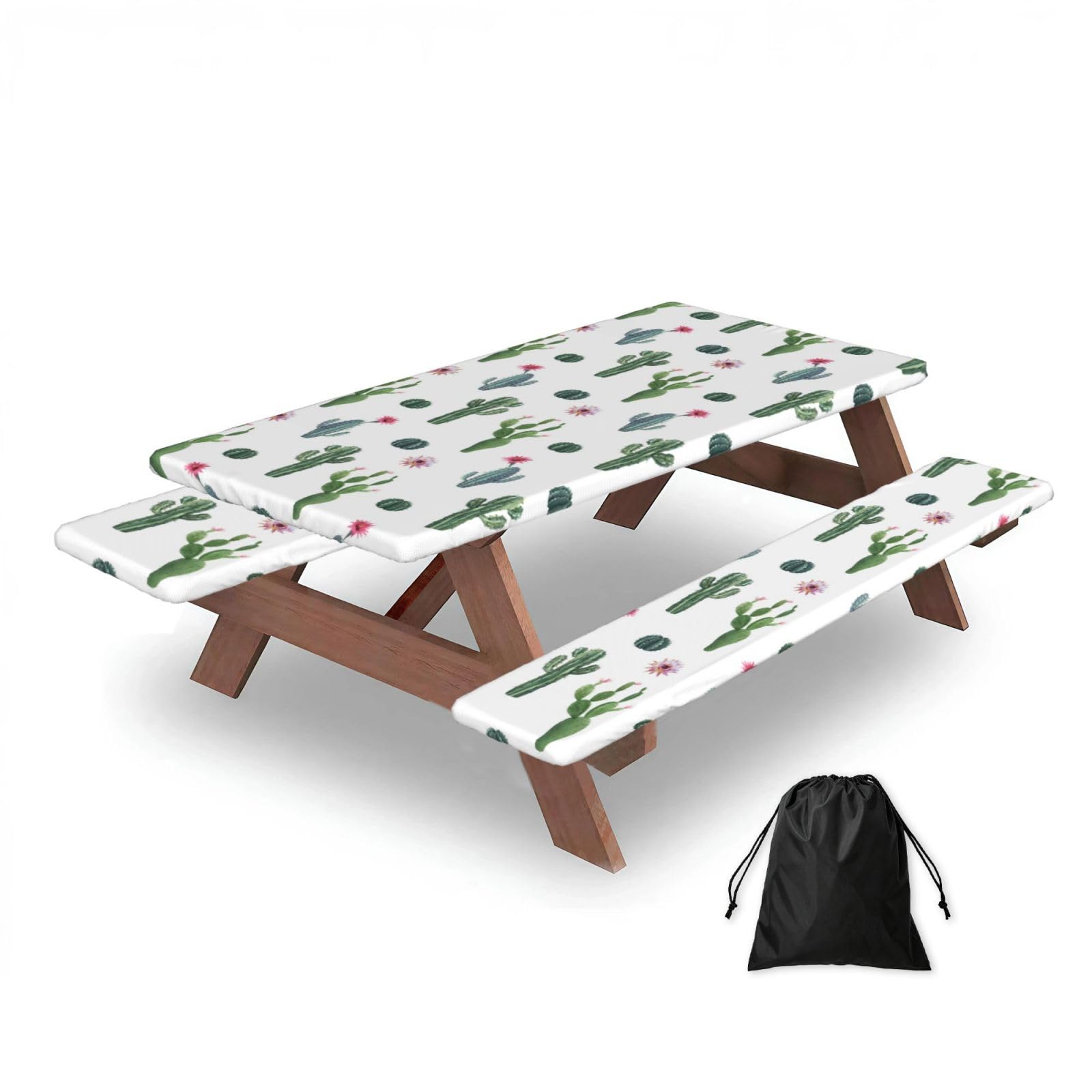 Cactus Flower Succulent Cacti, Picnic Table Cover With Bench Covers -Waterproof Elastic Fitted Tablecloth for Garden Camping Patio 76x152cm