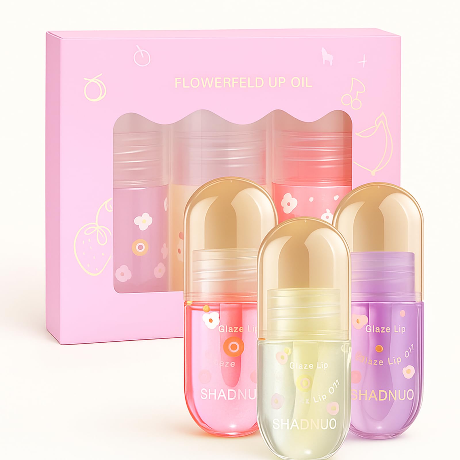3PCS Fruit Hydrating Lip Oil Set, Including Peach Crystal, Grape Crystal & Jasmine Grape