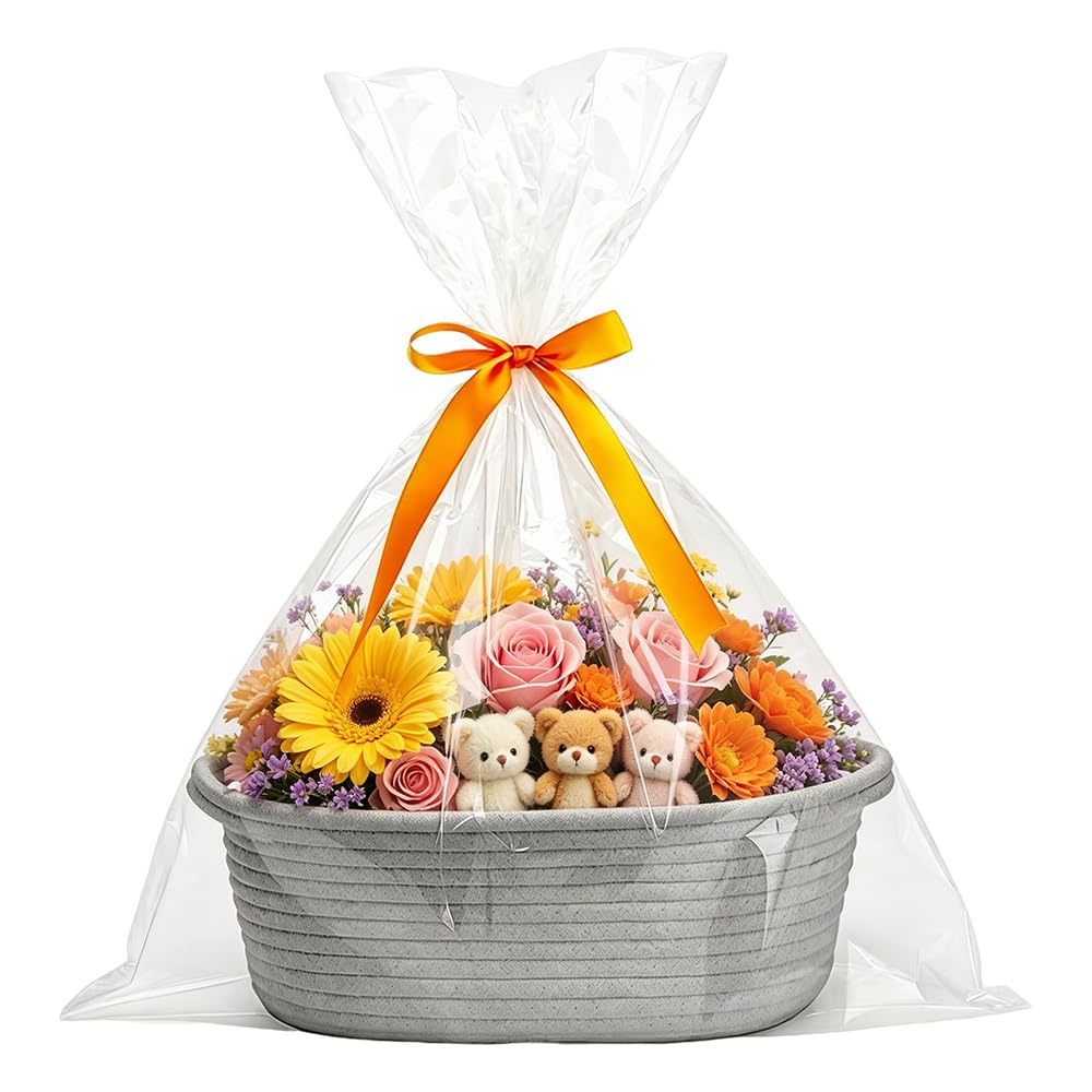 Gift Basket Empty, Hamper Kit, Hamper Baskets for Gifts Empty with Handles, Woven Gift Basket Hamper Kit with Gift Bags and Ribbons for Baby Shower Wedding Birthday Housewarming, 30×20×12cm, Gray