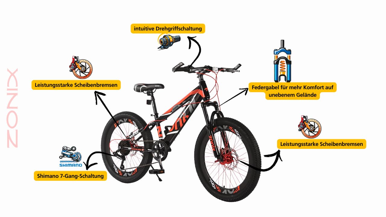 Zonix Kinderfahrrad 22 Zoll Mountainbike für Jungen und Mädchen von 6–10 Jahren – Shimano 7-Gang Schaltung, Doppelscheibenbremsen, gefedert, Rot