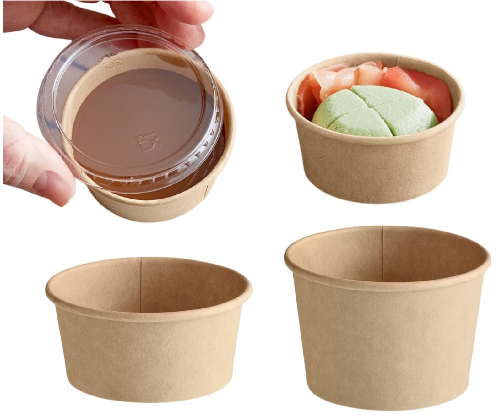 Hot Bargains Kraft Brown 1000 X 2Oz Kraft Paper Sauce Pots With Reusable Lids Small Pots Round Container With Airtight Clear Lids For Ketchup, Chutney, Dips And Sauces (60Ml) (2, Round, 1000, Kt - 2Oz)