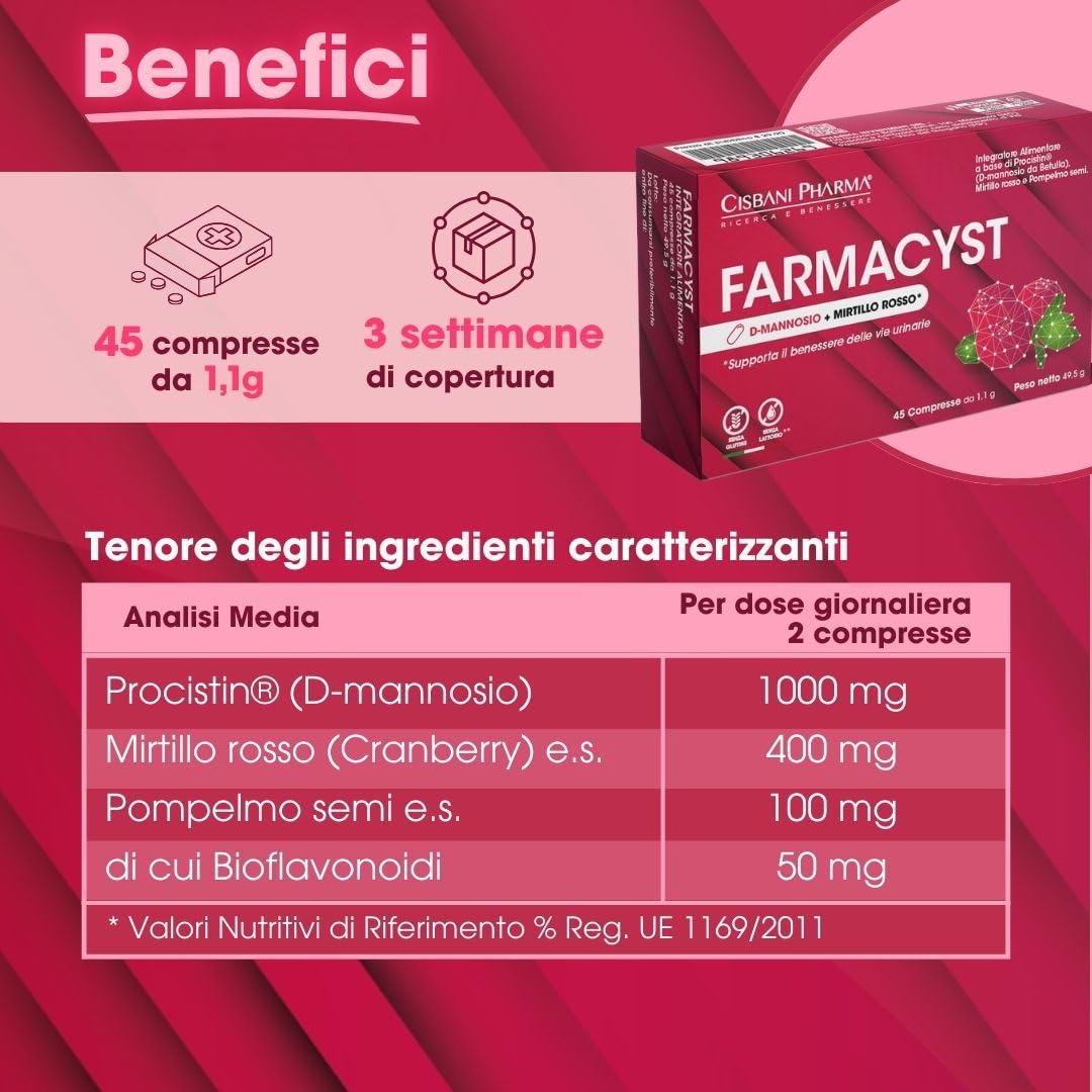 CISBANI PHARMA Farmacyst 45 compresse D-Mannosio, Mirtillo Rosso e Semi di Pompelmo - Integratore per Vie Urinarie - Sollievo da Cistite, Gonfiore e Infezioni - Senza Glutine, Senza Lattosio