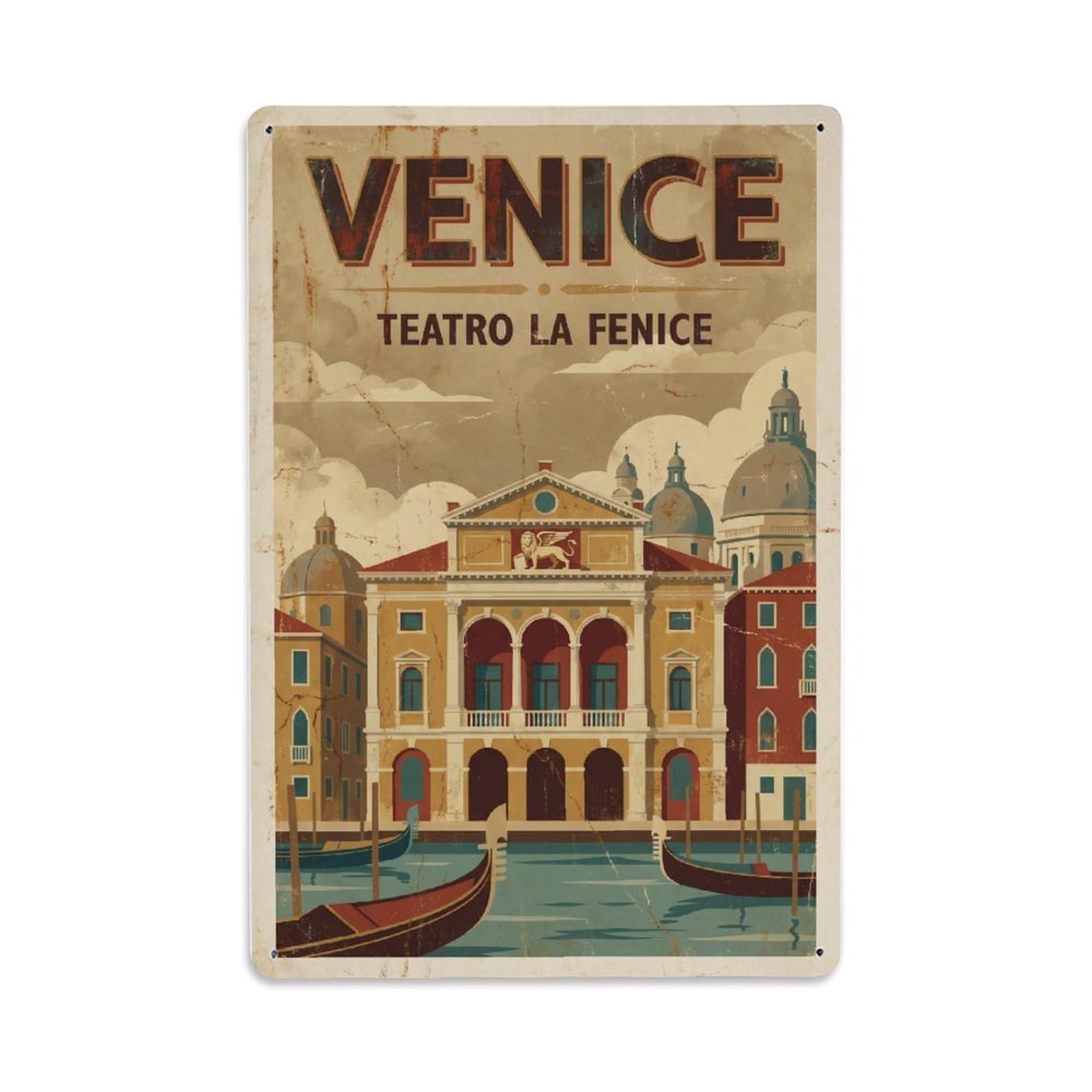 Vintage Travel Venice Teatro La Fenice Opera House Rusted Italy Metal Tin Sign Plaque Wall Decor for Cafe, Club Bar, Office, Home Garden Metal Poster 8x12Inch