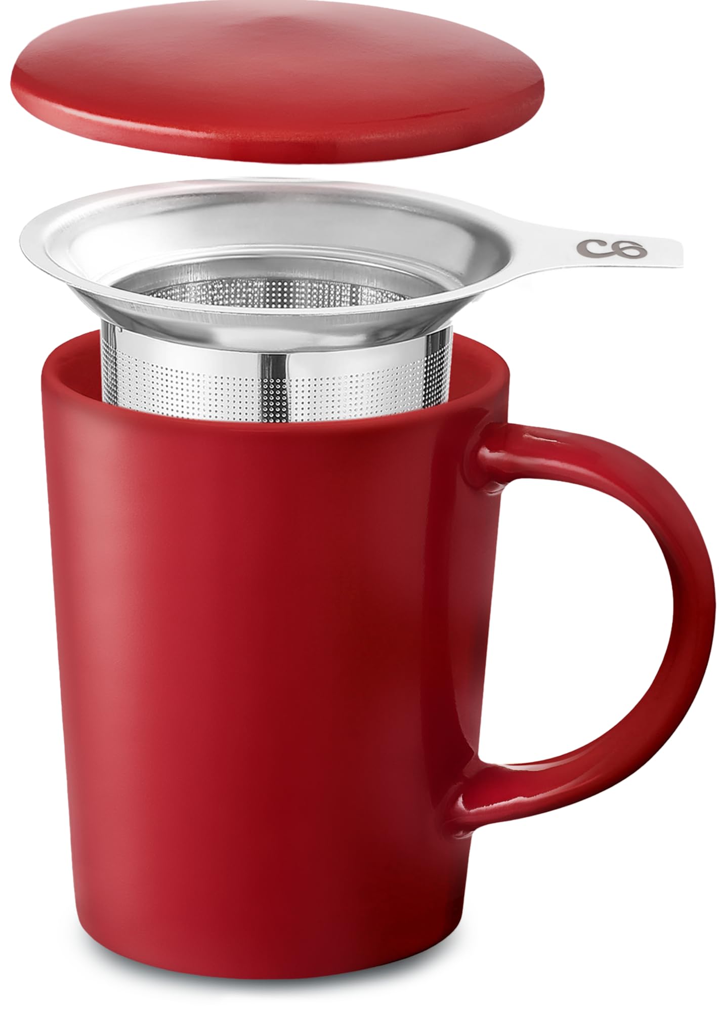 CosumyTea cup with strainer and lid, ceramic red, keeps you warm for a long time, 400 ml large, dishwasher safe