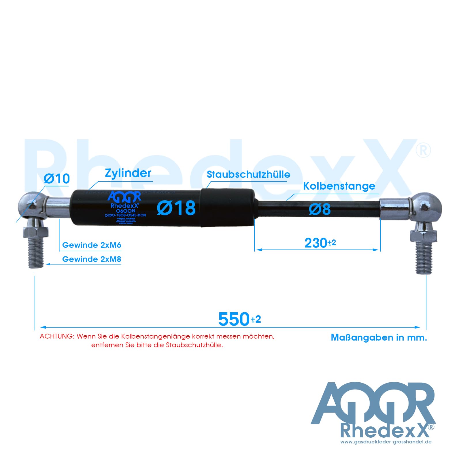 RhedexX® Vérin à gaz rotule avec rotule 555 mm / 230 mm / 50N-800N – Ressort à gaz avec M6 Longueur 555 mm, course 230 mm, Force : 50N-800N (555/230/100N