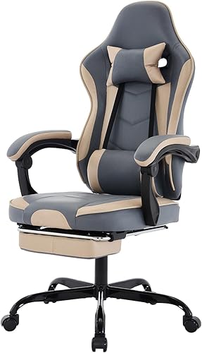 Beige Gaming Chair Ergonomic Computer Chair with Footrest  Lumbar Support, Height Adjustable Game Chairs with 360-Swivel Seat and Headrest for