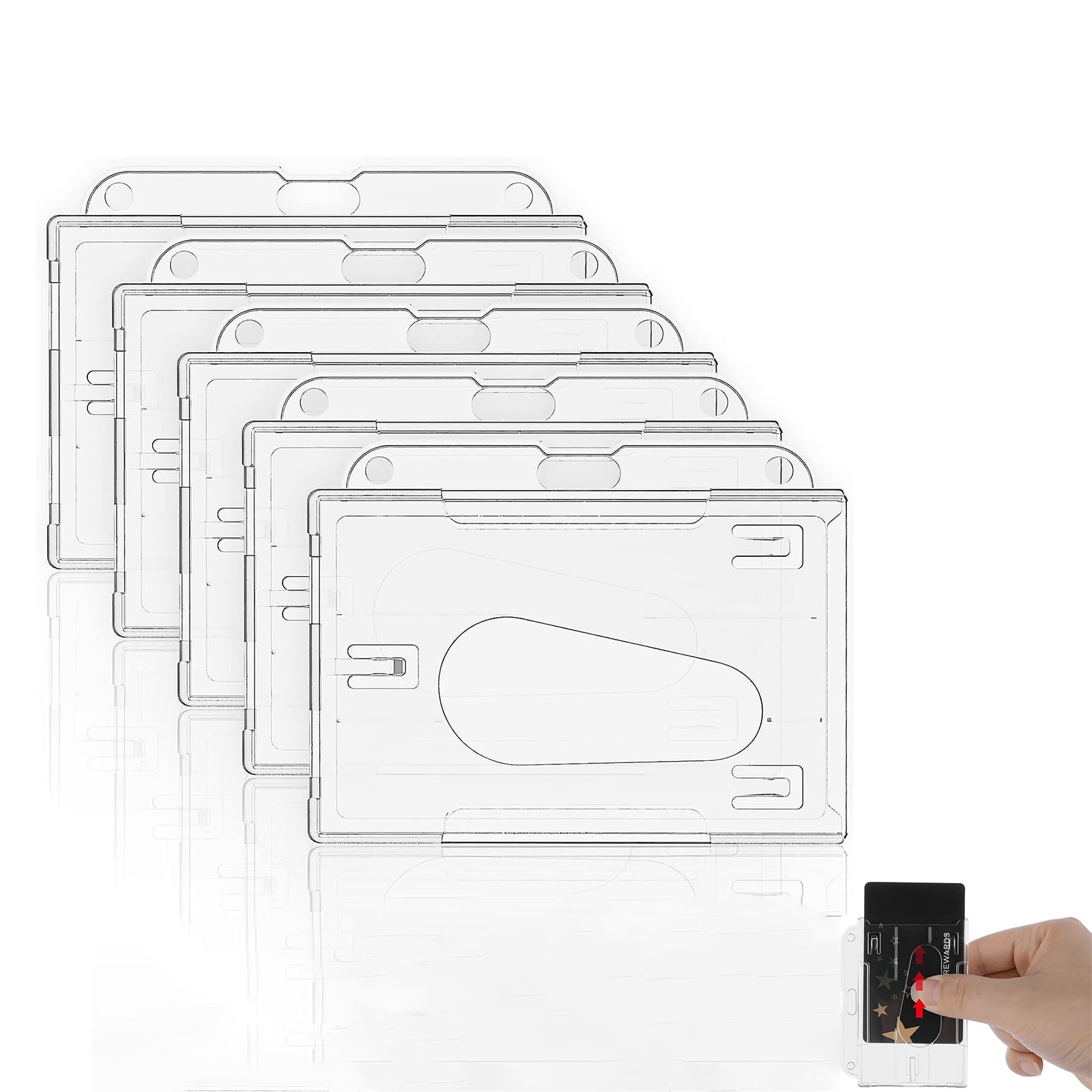 X springXspring Card Protector, 5 PCS Transparent ID Card Holder with Easy Access Thumb Slot, Hard Plastic Badge Holder with Chain Holes, ID Credit Card Protector for Standard Cards, Sports Cards (Horizontal)