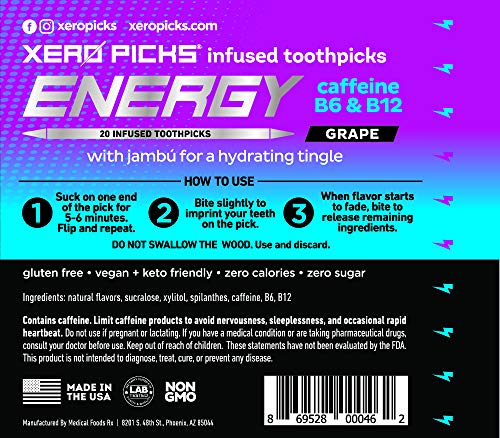 Xero Picks ENERGY Infused Flavored Toothpicks with Caffeine, B12, and B6-20 Picks (Grape) - Thumbnail 3
