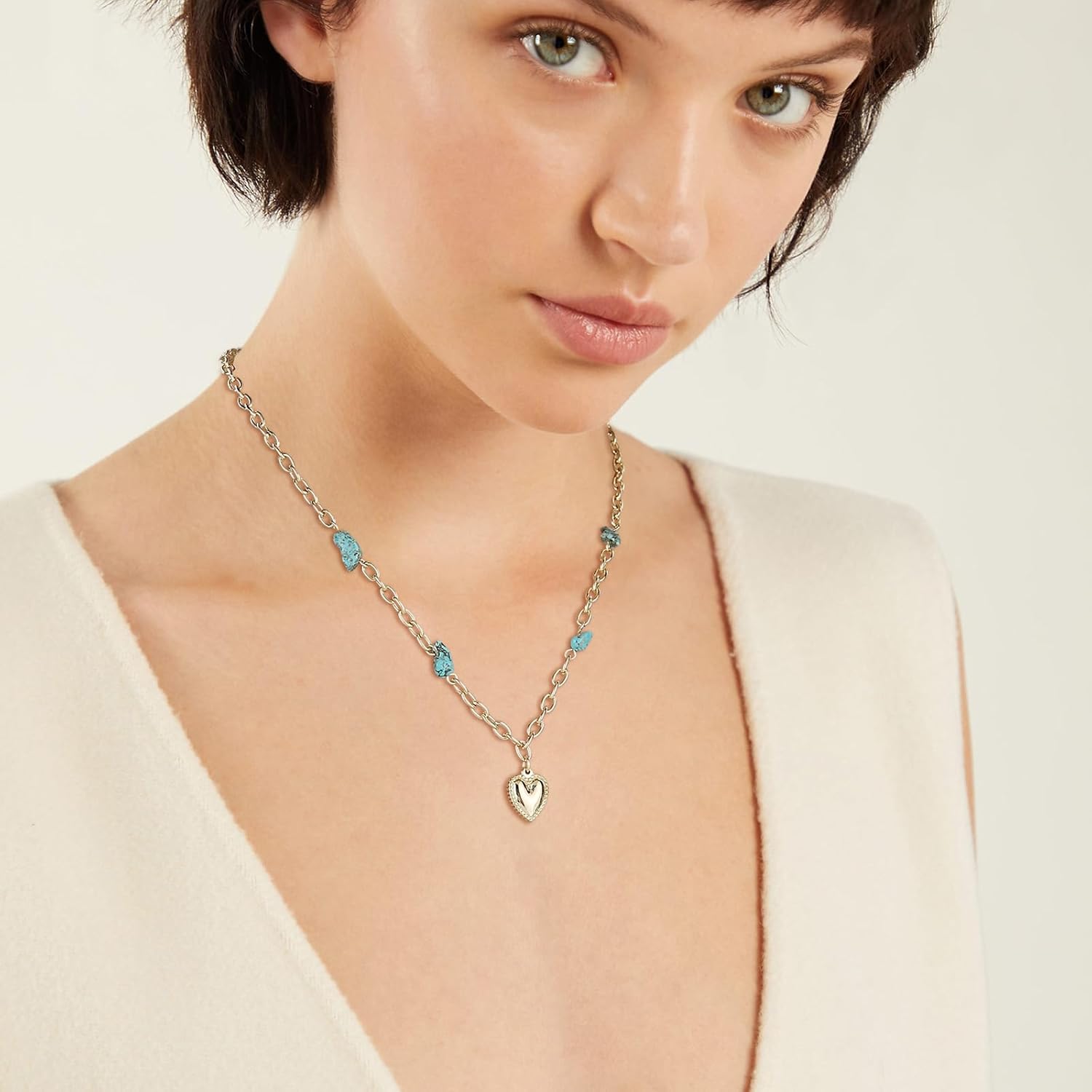 HZMAN Gold Heart Necklace for Women, 20 Inches Adjustable Turquoise Choker - Image 3
