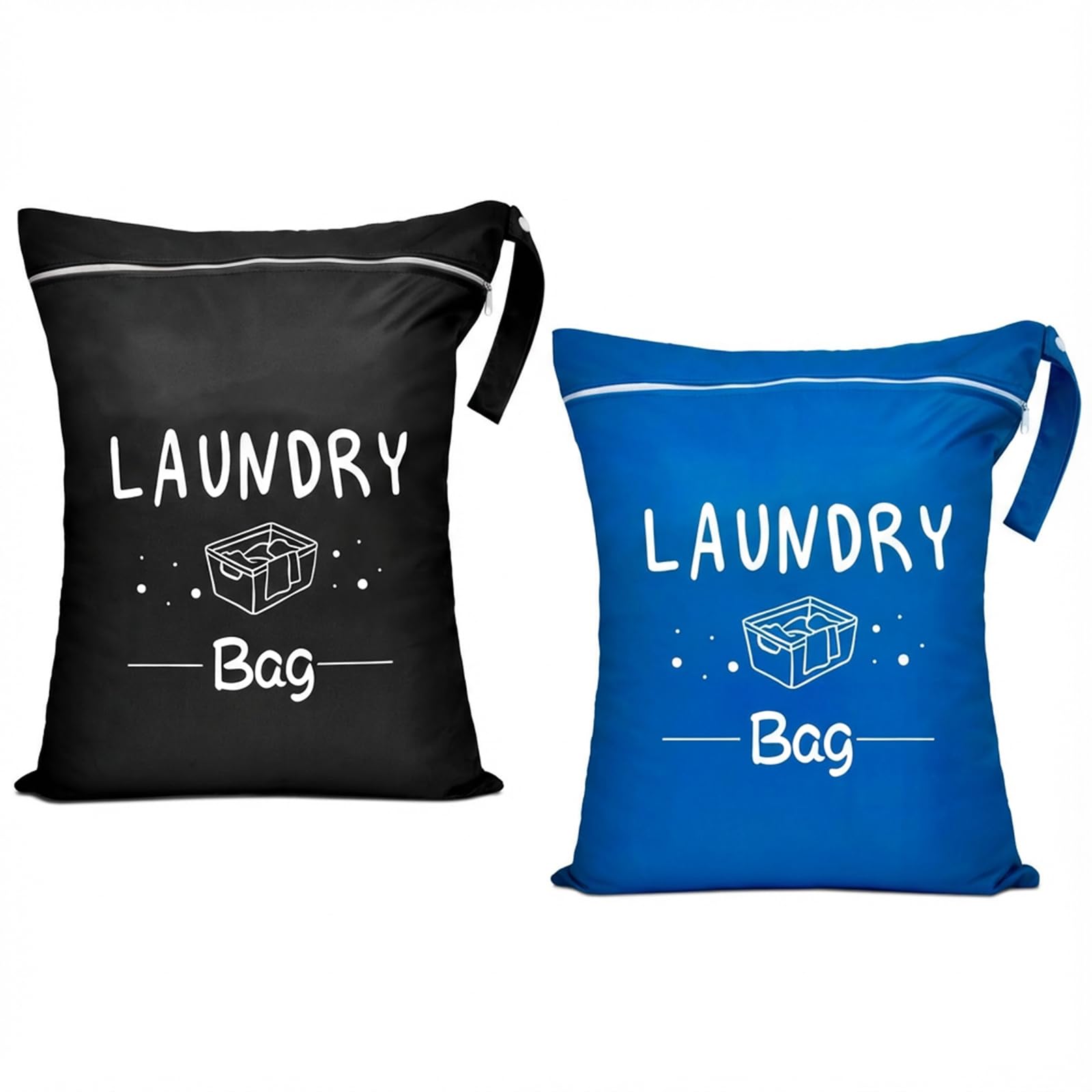 2 Pcs Large Travel Laundry Bags 55X45CM, Waterproof Washing Bags for Laundry with Zipper & Handle, Reusable Dirty Clothes Bag for Travel, Gym, Camping, Dorm, Swimming Pool (Black-Royal Blue)