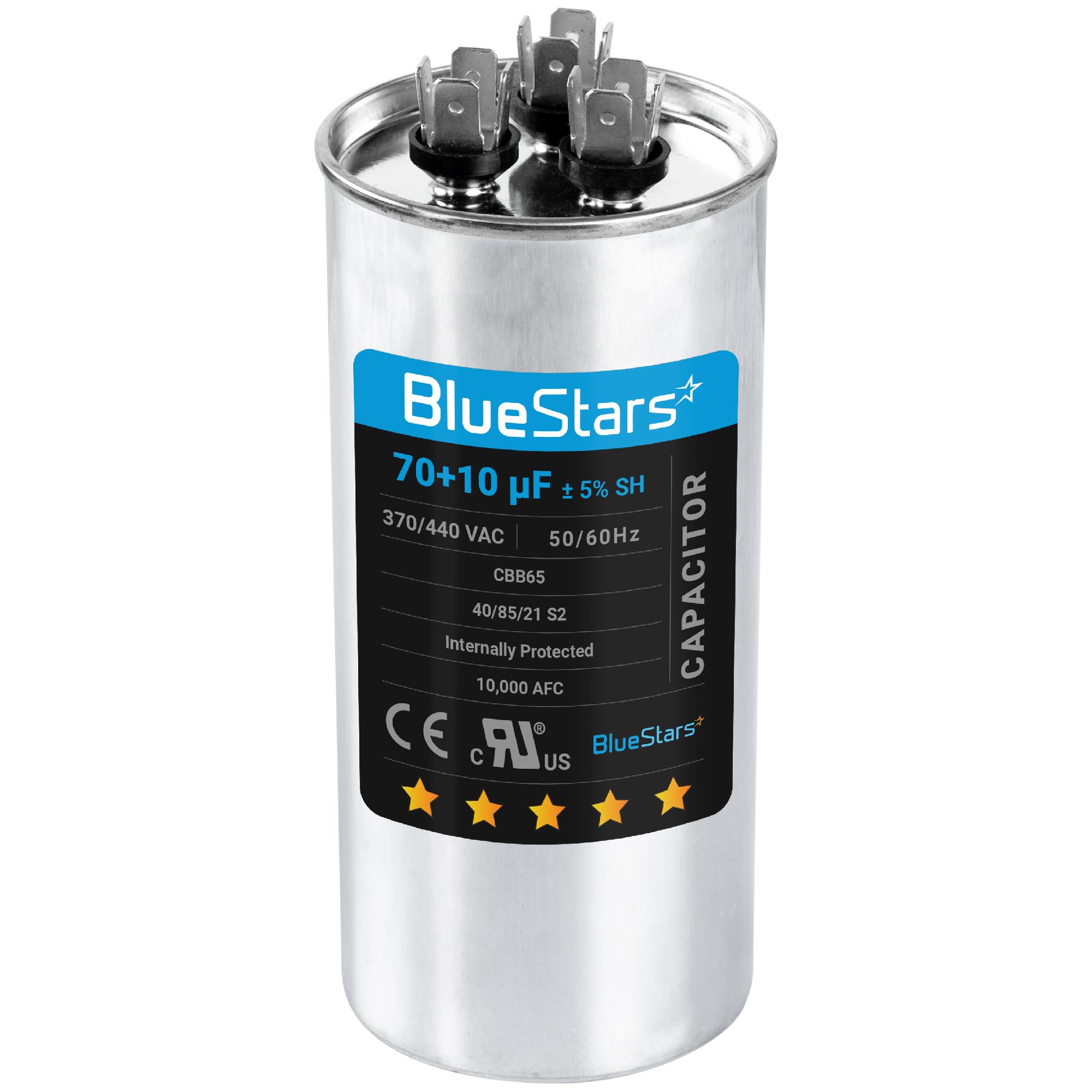 BlueStars 70+10 uF Ã‚±5% 70/10 MFD 370/440 VAC Dual Run Start Round Capacitor 50/60Hz 10000AFC for Condenser Straight Cool or Heat Pump Air Conditioner or AC Motor and Fan Starting