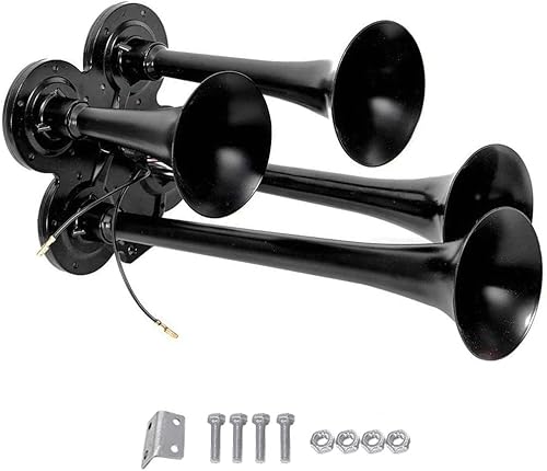 Miniatura 1 de Bocina de aire de 4 trompetas de 150 dB 1224 V para vehículo de policía, camión, motocicleta, camión, barco, SUV, tren, color negro