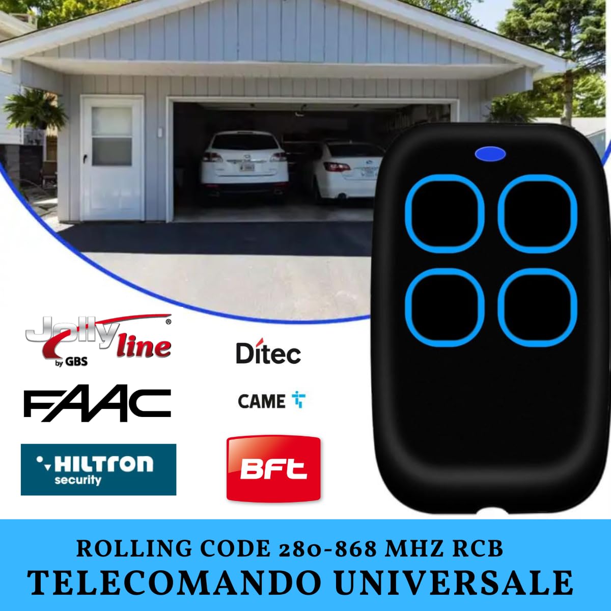 Telecomando Cancello Universali 4 in 1, Telecomando Rolling Code universale multifrequenza da 280 a 868mhz. Radiocomando Cancello programmabile Versione aggiornata con Lista compatibilità (Blu)