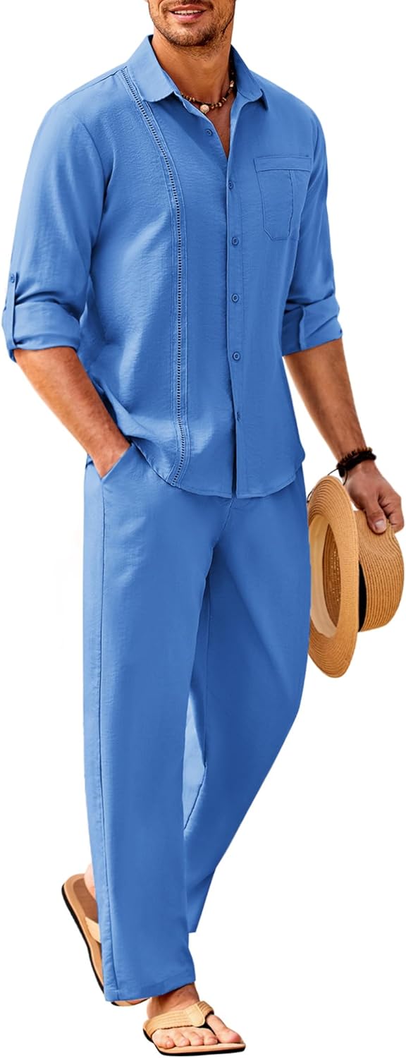 COOFANDY Mens Linen Sets 2 Piece Long Sleeve Button Down Cuban Shirt and Pants Set Summer Beach Set Outfits