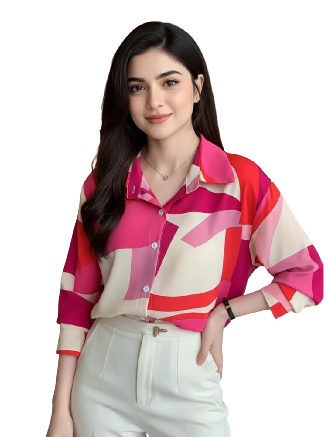 nainvish Stylish Printed Button Down Long Sleeve Geometric Floral Casual Office Collared Shirt for Women-picture-30