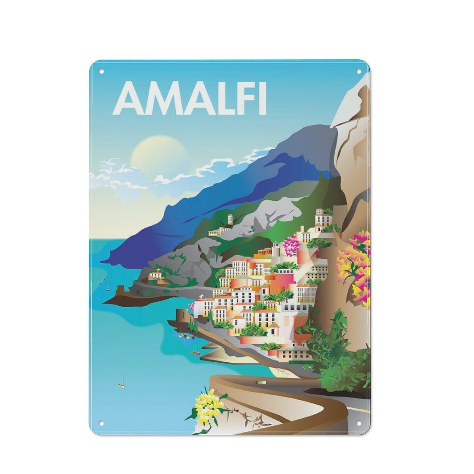 Junmoney Style-4 Tin Wall Sign With Amalfi Coast Travel (2) Design 40X30cm, Cosy Cafe Wall Decor For Kitchen, Cafe, Pantry Or Dining Room