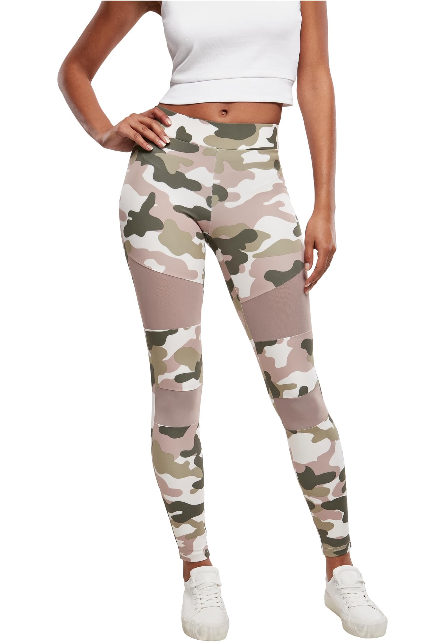 Urban Classics Women's Camo Tech Mesh Leggings, Sports Trousers for Women in Camouflage Look, Variations, Sizes XS - 5XL, Duskrose Camo, M