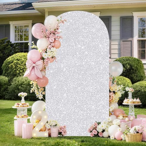 Image of Sequin Silver Arch Cover Spring 7.2FT Balloon Arch Backdrop Cover Spring Wedding Arch Spandex Stand Cover Round Top for Baby Shower Birthday Party Photo Background Decor