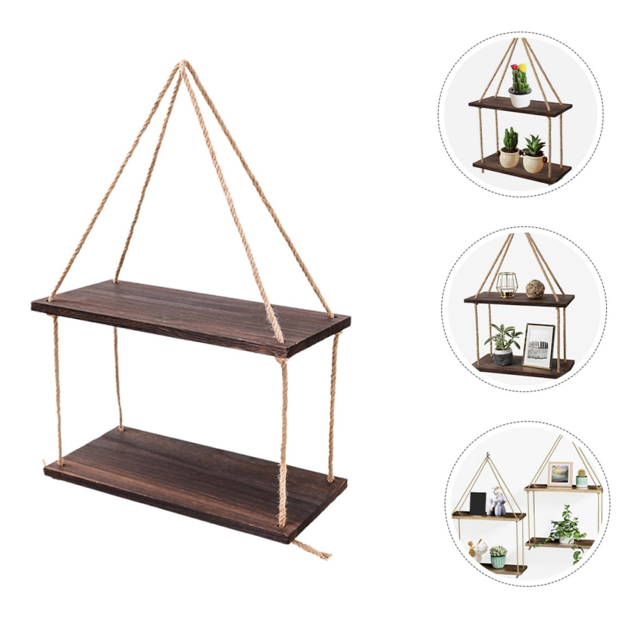 Toyvian Mensole Sospese da Parete Arazzo Boho in Legno Nero Supporto in Corda Naturale, Scaffali Galleggianti Rustici per Piante e Decorazioni, Set per Arredamento Casa